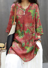Lose rote Print Side Open Baumwolle Blusen Sommer